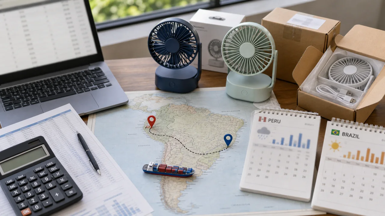 Mini ventiladores, mapa da América Latina, calendário e planilha de frete