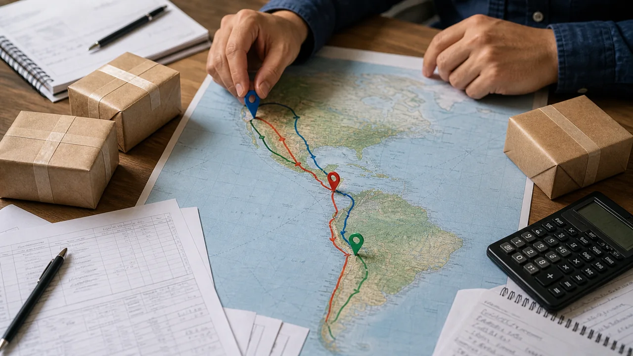 Mapa da América Latina com pacotes, calculadora e rotas marcadas sobre uma mesa