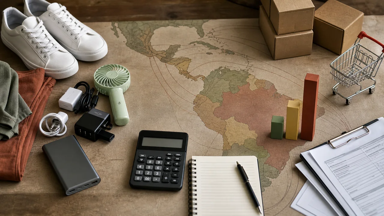 Mapa discreto da América Latina com pequenos produtos e calculadora sobre mesa