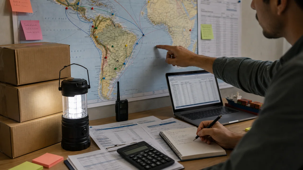 Planejador logístico apontando rotas da América Latina com lanterna e documentos