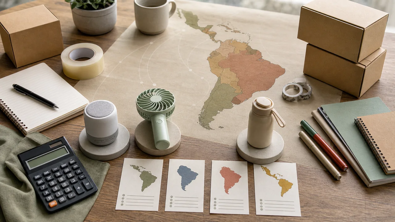 Mesa com mapa discreto da América Latina, amostras de produto e calculadora de rotas