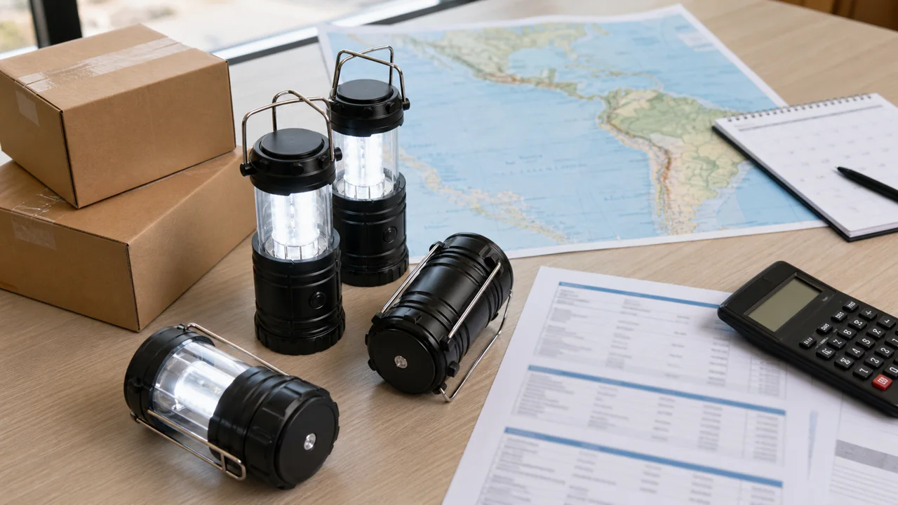 Lanternas LED recarregáveis com caixas, mapa da América Latina e folhas de frete