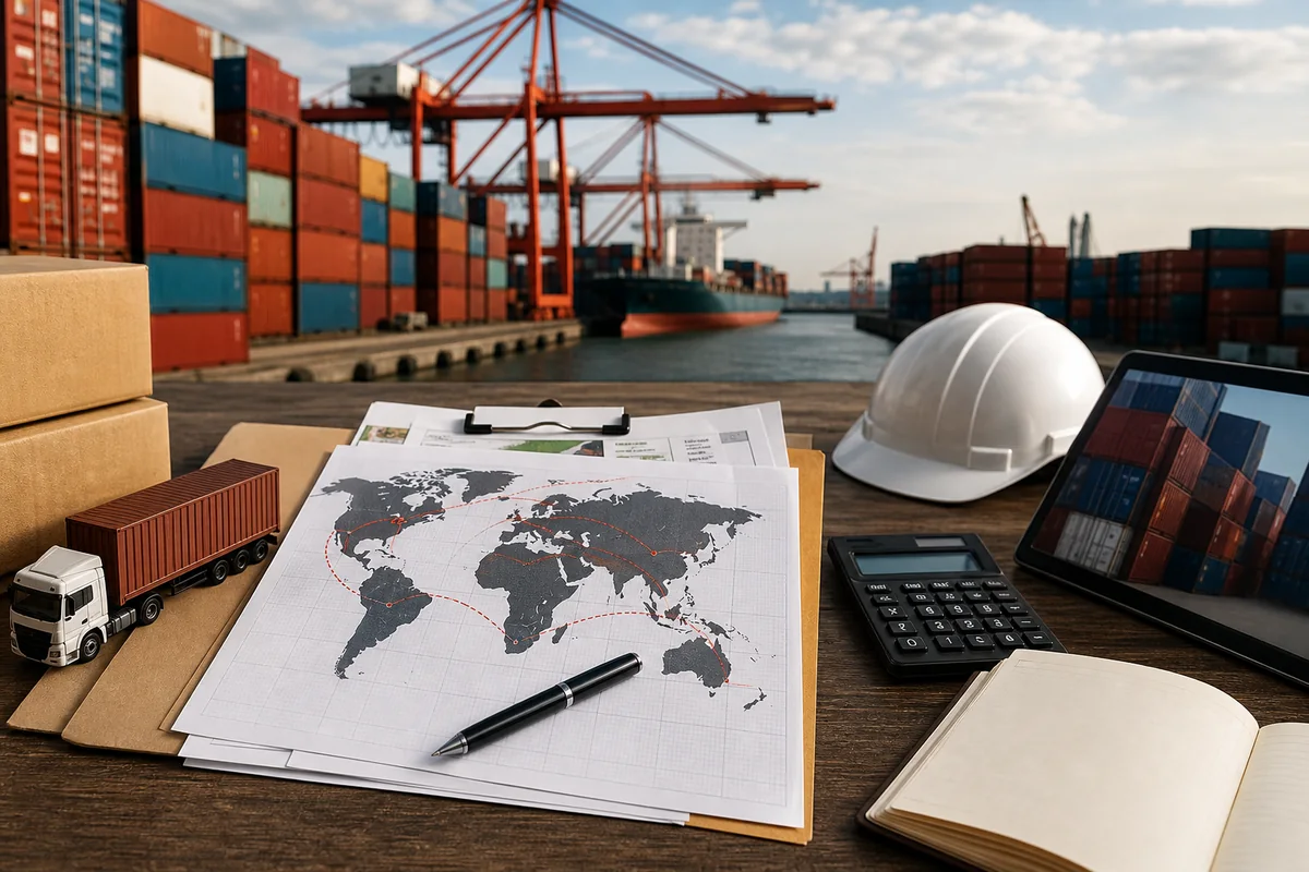 Imagem de apoio de Compras China Latam com mesa de planejamento, documentos e referências de comércio com a China